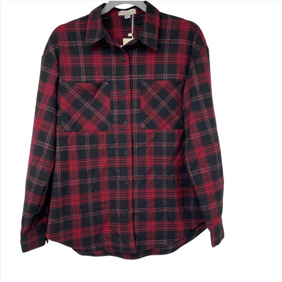 SEE U SOON RED & BLACK SHIMMERY PLAID LONG SLEEVE WITH POCKETS SIZE SMALL - Picture 1 of 3